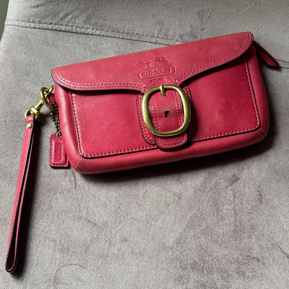 Coach Bleecker Burnished Leather Fuchsia Pink Buckle Clutch Wristlet Tattersall